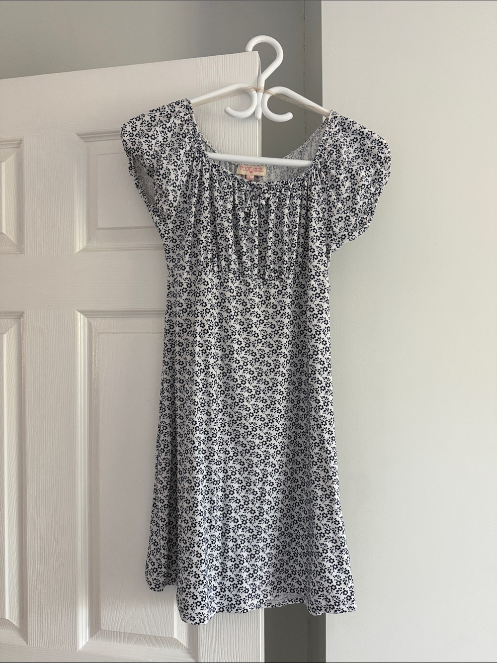 Girls' Navy and White Floral Square-Neck Dress